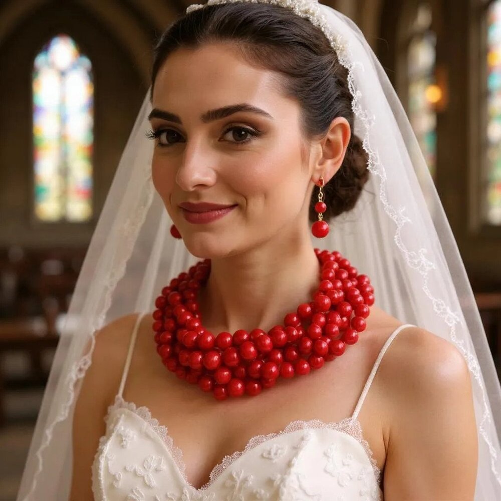 Red Faux Pearl Braided Necklace earring Set